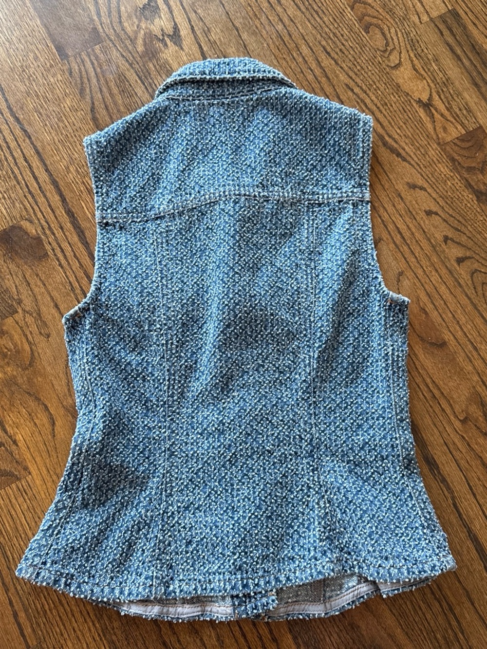 Ganni Blue Tweed Button-Front Sleeveless Top with Gold Buttons - Picture 2 of 6